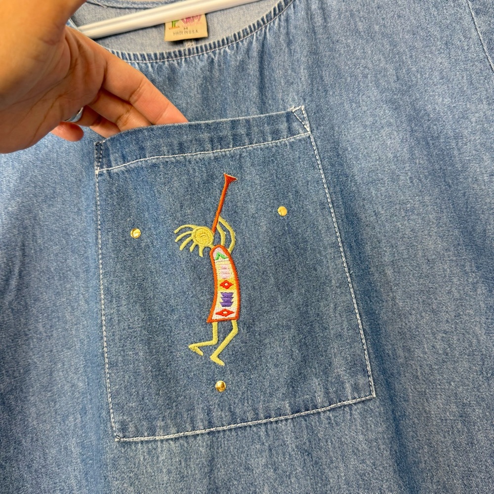 Vintage  CACTUS CALIFORNIA Cottagecore Embroidered Peasant Denim Dress size M - Picture 10 of 15